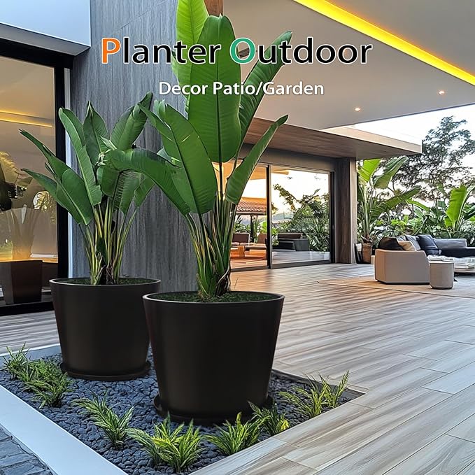 Wide Planters for Outdoor Plants, Extra Large Indoor Flower Pots for Garden, Front Porch, Patio - Round Resin Planter Set of 2 (Black, 16 inch - 2 Pack with Saucers)