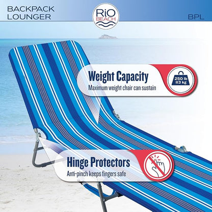 Rio Beach Portable Lay Flat Folding Backpack Beach Lounge Chair with Backpack Straps and Storage Pouch, Blue Stripe