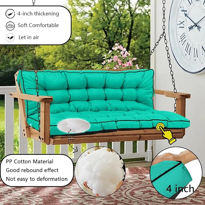 Porch Swing Cushion Three Seat, Waterproof Swing Cushions Replacement with Backrest, Outdoor Garden Furniture Patio 4" Thickened Cushions with Ties (Lake Blue, 40 x 63in)