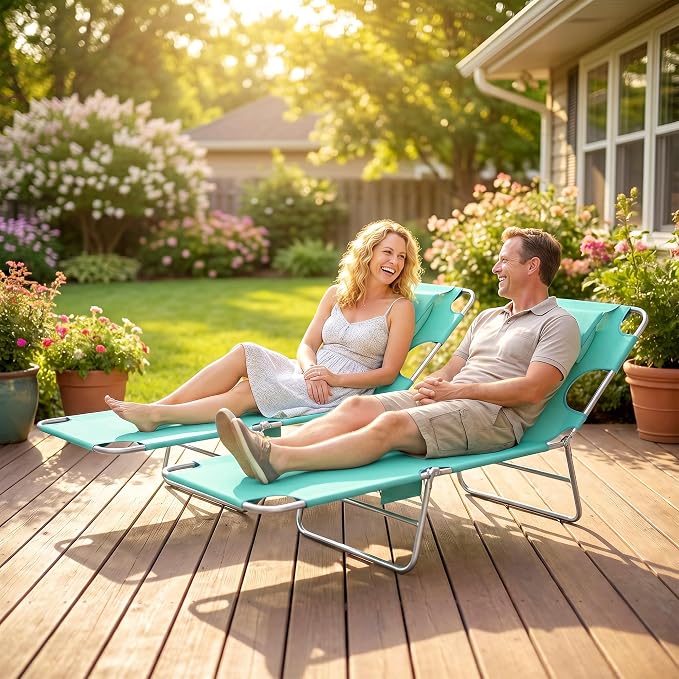 Outsunny Chaise Lounge Chairs Set of 2 Outdoor with Face Arm Hole, 5-Position Reclining Face Down Tanning Chairs with Carry Strap, Side Pocket, Portable Folding Bed Cots for Patio Pool, Light Green