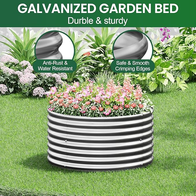 4 Pack Round Galvanized Raised Garden Bed Outdoor, Metal Garden Bed for Vegetables, Above Ground Garden Box for Flower, Steel Raised Beds for Gardening - 3FT