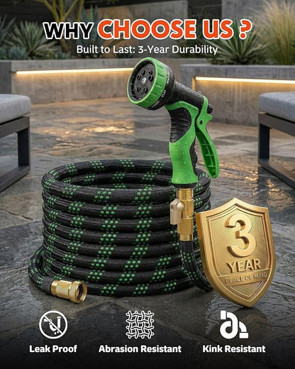 50ft Flexible Garden Hose, Lightweight Water Hose, NON-EXPANDABLE Garden Hose with 10 Function Sprayer Nozzle, Kink-Free Triple-Layer Composite Watering Hose for Yard, Lawn, Outdoor and Car Washing