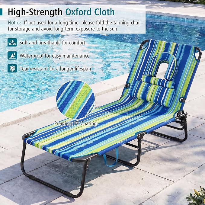 GYMAX Tanning Chair, 330lbs Beach Lounge Chair with Face Hole, Detachable Washable Pillow & Carry Strap, Adjustable Folding Lounger, Layout Chair for Outside, Patio, Poolside, Lawn (2, Blue Stripe)