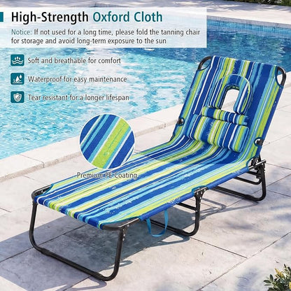 GYMAX Tanning Chair, 330lbs Beach Lounge Chair with Face Hole, Detachable Washable Pillow & Carry Strap, Adjustable Folding Lounger, Layout Chair for Outside, Patio, Poolside, Lawn (2, Blue Stripe)