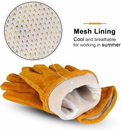 OZERO Leather Work Gloves Flex Grip Tough Cowhide Gardening Glove for Men and Women (Gold With Mesh Lining (1 Pair), X-Large)
