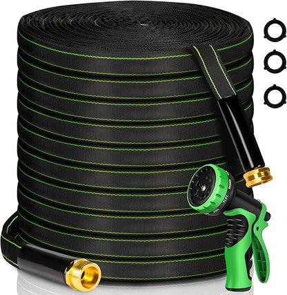 Garden Hose 100 ft Water Hose Flexible Heavy Duty Outdoor Lightweight No Kink Long Non-Expandable High Pressure Flat Hoses Pipe 100’ Strong 3/4’’ Brass Fitting for Outside Yard Lawn Car Wash
