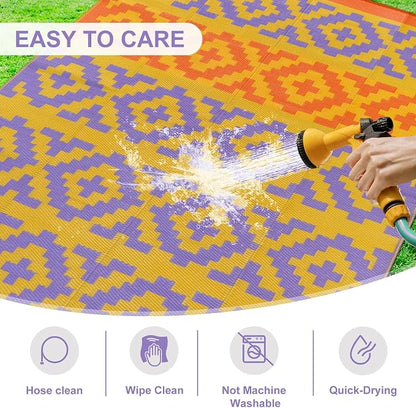 Anidaroel Camping Rug for Outside RV, 8x10 Waterproof Outdoor Rug for Patio Clearance, Reversible Plastic Straw Outside Area Rug for Deck, Camper, Backyard, Picnic(Purple&Orange,8‘x10')