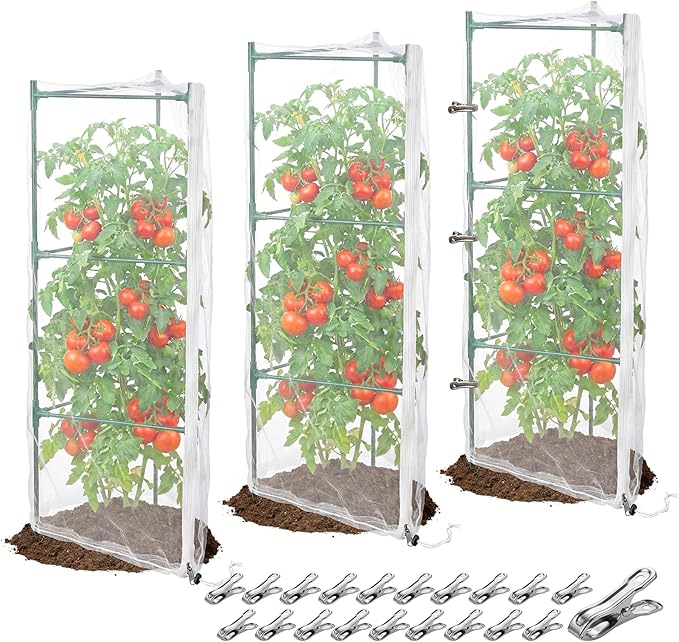3Pcs Garden Bird Netting Plant Cover for Tomato Cage, 55" x 17.7" Insect Bird Barrier Tomato Cage Net with 20 Clips, Tomato Trellis Plant Netting Cover for Square Tomatoes Cages Plants Protection
