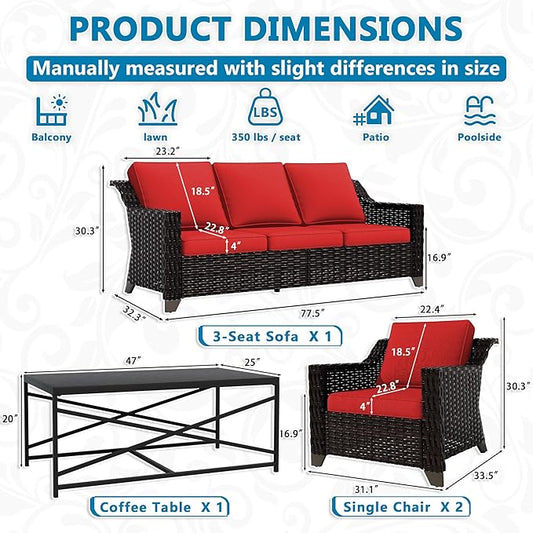 Vista Vibe 4 Pieces Outdoor Patio Conversation Furniture Set - 78" 3-seat Sofa | 2 Chairs | Metal Coffee Table, Deep Seat Loveseat, Removable Cushions, PE Rattan Couch, Lawn (Brown/Red)