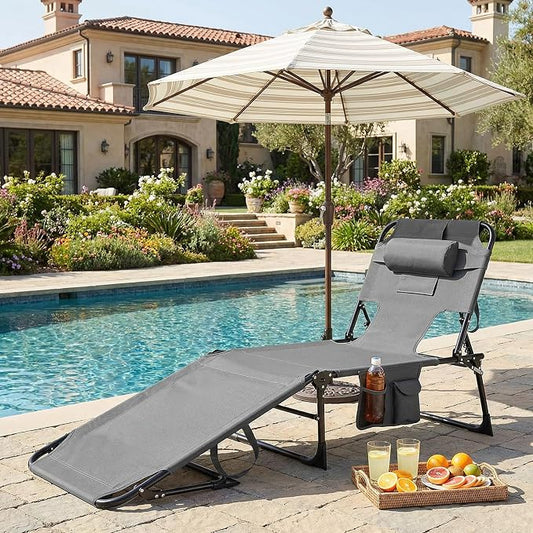 GYMAX Tanning Chair with Face Hole, Sun Bathing Lounge Chairs for Outside with Side Pocket, Folding Portable Face Down Layout Tanning Chair Beach, Backyard, Poolside, Lawn (Grey,2)