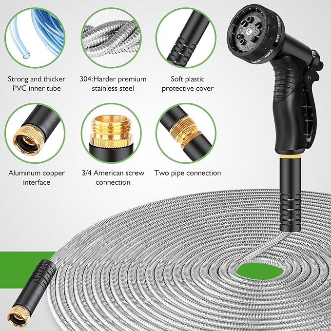 Garden Hose Metal 150FT, Stainless Steel Heavy Duty Water Hose With 10 Function Nozzle, No-Kink, Tough & Flexible, Sturdy and Lightweight, Rust Proof for Yard, Outdoor, RV