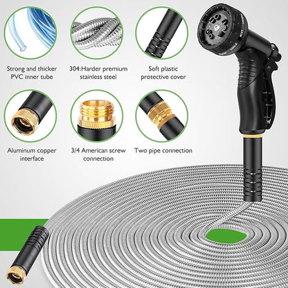 Garden Hose Metal 175FT, Stainless Steel Heavy Duty Water Hose With 10 Function Nozzle, No-Kink, Tough & Flexible, Sturdy and Lightweight, Rust Proof for Yard, Outdoor, RV