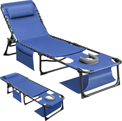 Flamaker Oversize Face Down Chaise Lounge Chair, 27 Inch Wide Foldable Outdoor Patio Chair, 5-Position Adjustable Tanning Chair with Face& Arm Holes for Sunbathing, Pool, Beach, Lawn (Grey, 1 Pcs)