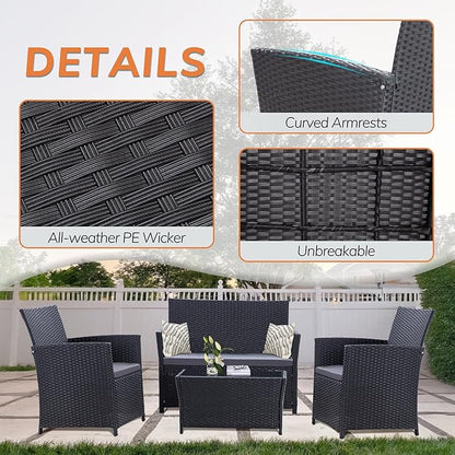 4 Piece Patio Furniture Set, Outdoor Wicker Conversation Set, Rattan Sectional Sofa Couch with Glass Coffee Table & Thick Cushion for Backyard, Porch, Garden, Poolside, Black/Grey