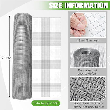 Tatuo Hardware Cloth 1/2 Inch 24in x 150ft Hot Dip Galvanized After Welded Cage Mesh Rolls 21 Gauge Metal Chicken Wire Roll Wire Fencing Poultry Netting for Raised Garden Rodent Animals
