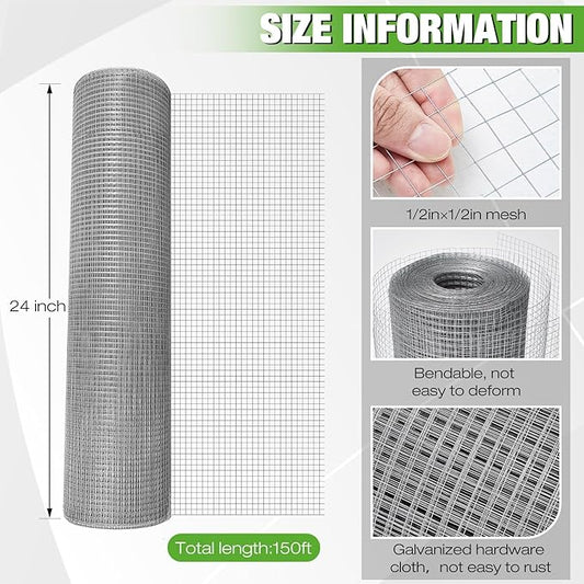 Tatuo Hardware Cloth 1/2 Inch 24in x 150ft Hot Dip Galvanized After Welded Cage Mesh Rolls 21 Gauge Metal Chicken Wire Roll Wire Fencing Poultry Netting for Raised Garden Rodent Animals