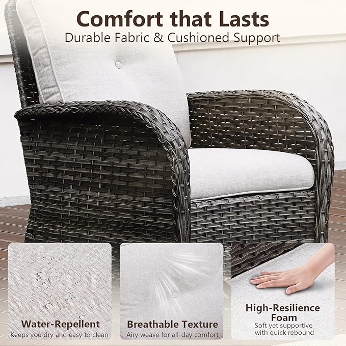 3-Piece Swivel Rocking Patio Set with Water-Repellant Cushions and Glass Table, Outdoor PE Wicker Lounge Set for Balcony, Porch, Garden, Backyard, Café All-Weather Bistro Set