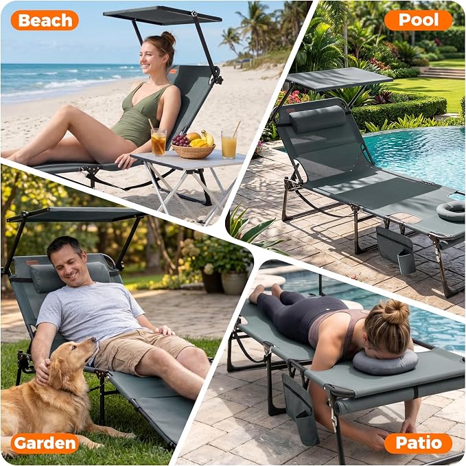 Tanning Chair with Face Hole & Canopy, 28'' Extra Wide, Dark Grey | Folding Chaise Lounge Chair with 4-Position Adjustable Backrest for Beach, Pool, Patio & Camping