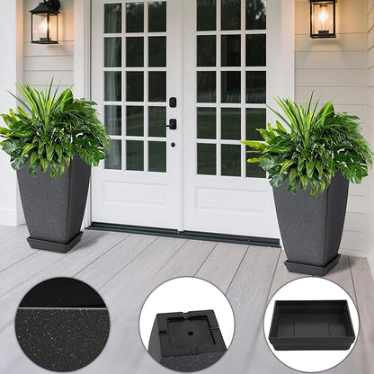 Set of 2 Tall Planter, 21 inch Large Plastic Planter with Drain Hole & Saucers, Large Outdoor Planters for Porch, Garden, Patio, Balcony(Lead Gray)