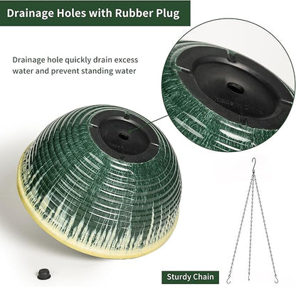 12 inch Large Hanging Planters for Indoor Outdoor Plants, Set of 2 Glazed Hanging Flower Pots with Drainage Hole, Hanging Baskets for Garden Home Porch Decor