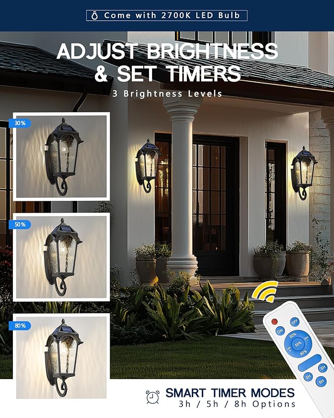 FEMILA Solar Powered Wall Light, 24" Modern Aluminum Glass Outdoor Wall Lights Fixtures for House Porch Patio, Dusk to Dawn, 4FYX91BM-SL BK