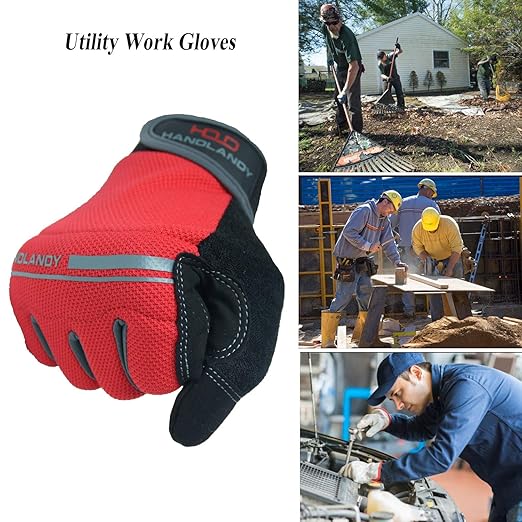 HANDLANDY Work Gloves Men & Women, Utility Safety Working Gloves Touch Screen, Flexible Breathable Yard Work Gloves (Extra Large, Red)