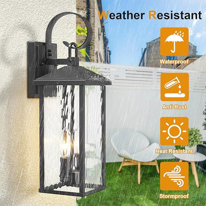 Porch Lights Outdoor Wall Light Fixtures Wall Mount, Modern Exterior Lighting Fixtures with Water Ripple Glass Waterproof, 2-Light E12 Sockets Outside Garage Lights for House Patio, 2 Pack