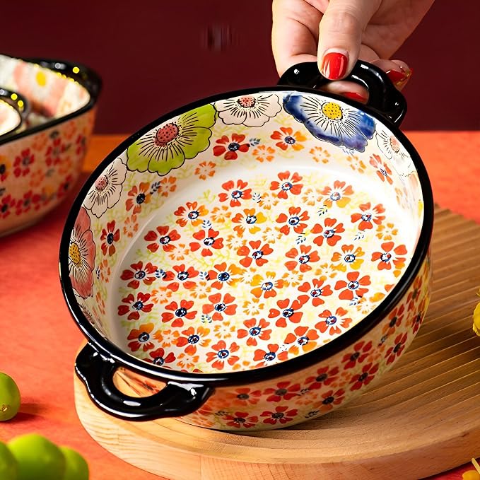 Baking Dishes For Oven, 1 Quart Round Casserole Dishes For Oven-colored flowers C-round 950ml