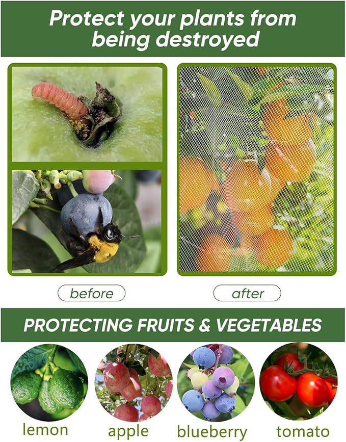 4 Pack Fruit Tree Netting with Zipper & Drawstring, 2.6 x 3.2 Ft Reusable Blueberry Bush Netting Cover, Durable Bird Netting for Vegetables, Trees, Bushes in Garden