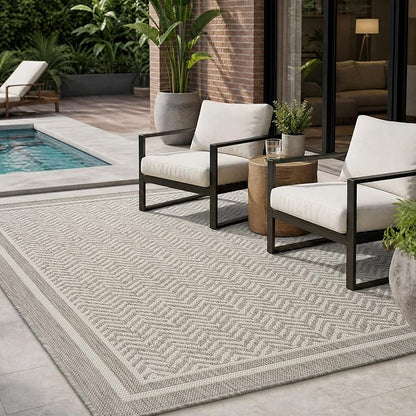 MontVoo-Outdoor Rug-Patio Rug 5x7 Polypropylene Indoor Outdoor Rugs Outdoor Carpet for Patio Deck Balcony Porch, Textured Weave, Durable for High Traffic, Fade-Resistant, Boho Farmhouse Silver Grey
