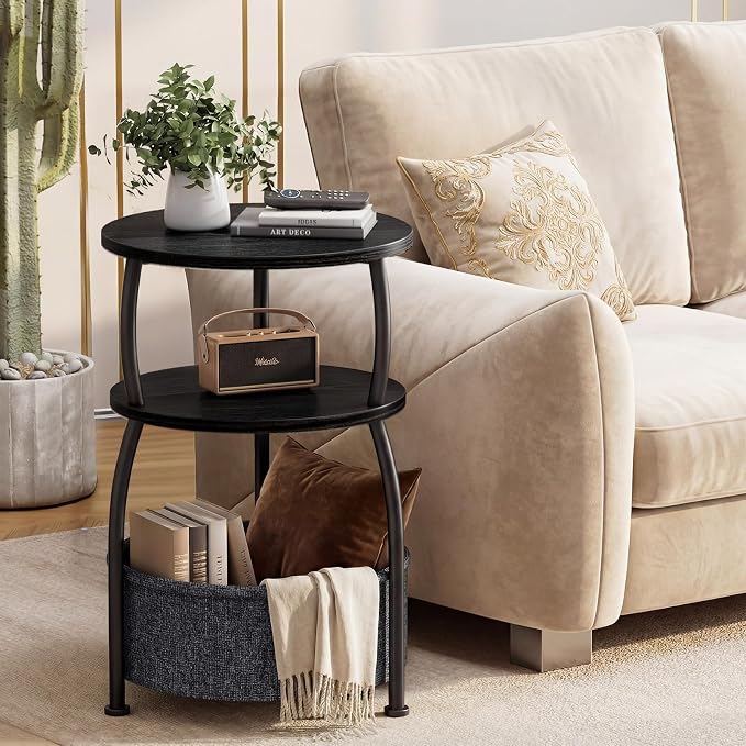 Round Side Table with Storage Basket, End Table Living Room, Black | Round End Table Small Spaces, Bedside Table for Bedroom, 3 Tiers, Sofa Couch Side Table, Greige 15.75 x 24in