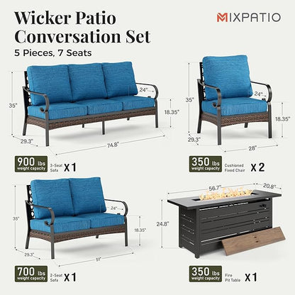 Patio Furniture Set with Firepit Table, Black Frame Outdoor Conversation Set with 2 x Fixed Chairs, 1 x 2-Seat Sofa, 1 x 3-Seat Sofa for Lawn Garden Backyard, Pacific Blue