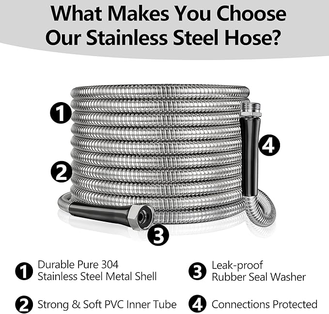 75ft Garden Hsoe - 2026 New 304 Stainless Steel Garden Hose with 3/4'' Fittings – Lightweight, Durable, and Kink-Free, Metal Water Hoses for Gardening
