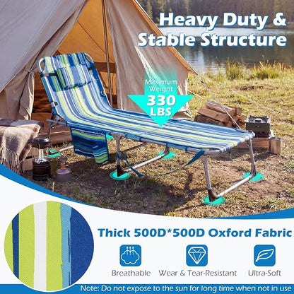 GYMAX Tanning Chair, 330LBS Beach Lounge Chair w/Face Arm Hole & Hand Shoulder Strap, Folding Layout Sunbathing Chair, Face Down Outdoor Chaise Lounger for Patio, Poolside, Backyard (2, Blue Stripe)