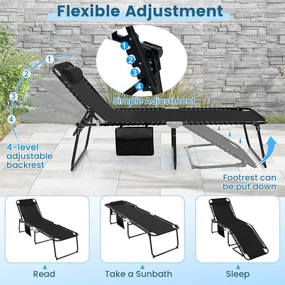 Goplus Chaise Lounge Chair, Folding 5-Postion Beach Lounge Chair with Detachable Pillow, Sunbathing Lounger, Adjustable Tanning Chair for Patio Lawn Pool Yard Outdoor