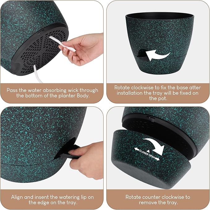 Plant Pots 10/9/8/7.5/7 inch, Self Watering Planters with Drainage Holes & Saucers for Indoor and Outdoor Plants (Green Speckles)