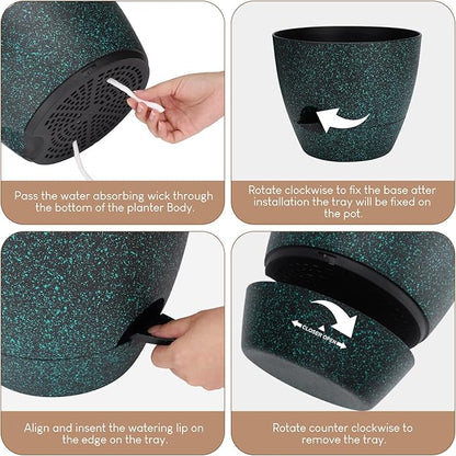 Plant Pots 10/9/8/7.5/7 inch, Self Watering Planters with Drainage Holes & Saucers for Indoor and Outdoor Plants (Green Speckles)