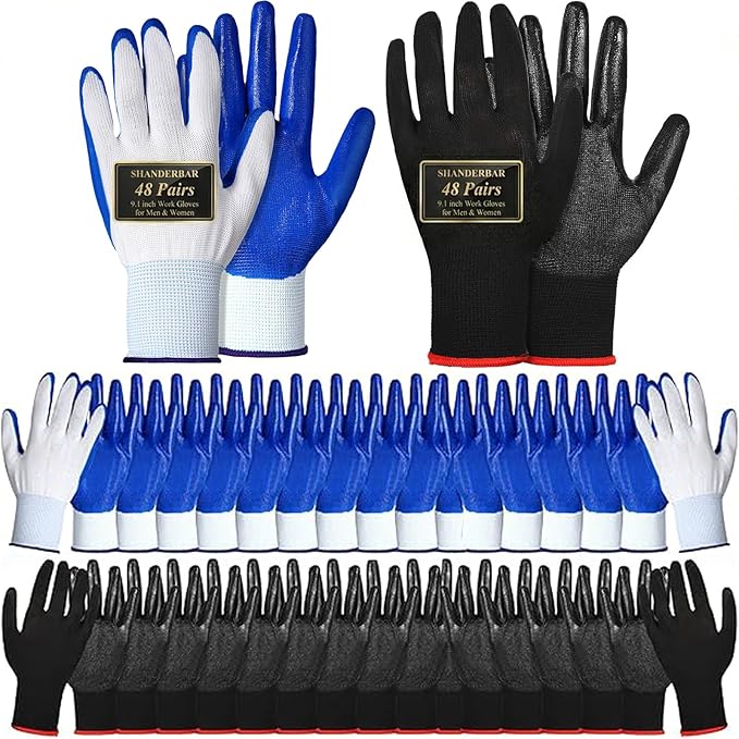 48 Pairs Gardening Gloves for Men and Women, Breathable Rubber Coated Safety Work Gloves Bulk for Construction, Yard, Garden, Lawn, Outdoor (Black & Blue)