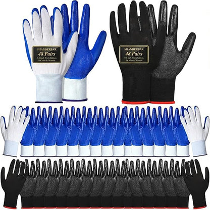 48 Pairs Gardening Gloves for Men and Women, Breathable Rubber Coated Safety Work Gloves Bulk for Construction, Yard, Garden, Lawn, Outdoor (Black & Blue)