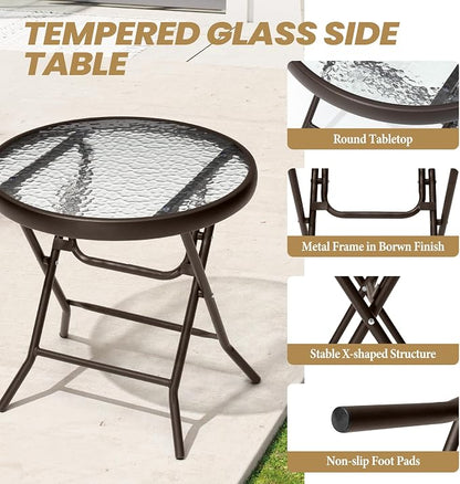 Foldable Side Table with Tempered Glass Top 18" Outdoor Folding Side Table Small Glass Patio Tables for Porch Yard Balcony Deck Lawn Dining Garden (Brown)
