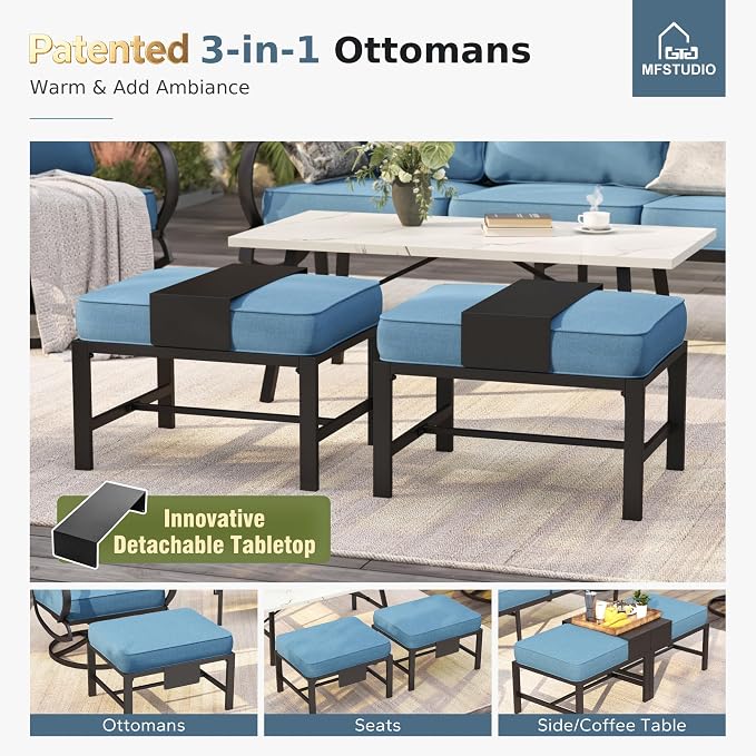MFSTUDIO 6 Pieces Metal Patio Furniture Sets, 2 Swivel Chair, 1 Deep Seating 3-Seat Sofa, 2 Ottoman & 1 Marbling Coffee Table, All Weather 7 Seats Outdoor Conversation Set for Garden Backyard, Navy