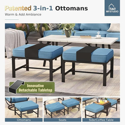 MFSTUDIO 6 Pieces Metal Patio Furniture Sets, 2 Swivel Chair, 1 Deep Seating 3-Seat Sofa, 2 Ottoman & 1 Marbling Coffee Table, All Weather 7 Seats Outdoor Conversation Set for Garden Backyard, Navy