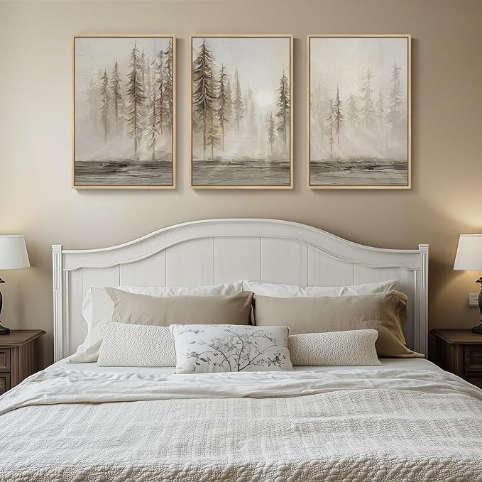 Framed Neutral Wall Art for Living Room, Large 3 Piece Abstract Pastel Grunge Forest Landscape Tree Canvas Artwork Set, Modern Art Decorative Nordic Painting Picture Prints for Hallway Office 24x36 In