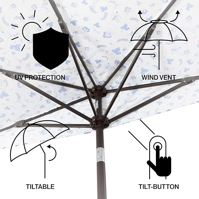 JONATHAN Y Half Umbrella UMB1201G Beverly 9 ft. Designer Classic Scalloped Fringe Market Patio with Crank, Push Button Tilt and UV Protection in Blue/White/Cream