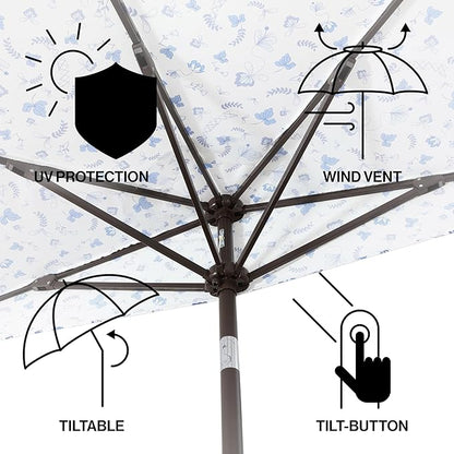 JONATHAN Y Half Umbrella UMB1201G Beverly 9 ft. Designer Classic Scalloped Fringe Market Patio with Crank, Push Button Tilt and UV Protection in Blue/White/Cream