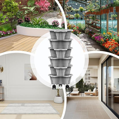 Vertical Planter 6 Tier Stackable Planter Garden Pots, Strawberry Vertical Pots, Stacking Tower Garden, Stackable Herb Flower Vegetable FlowerPots Indoor Outdoor with Removable Wheels