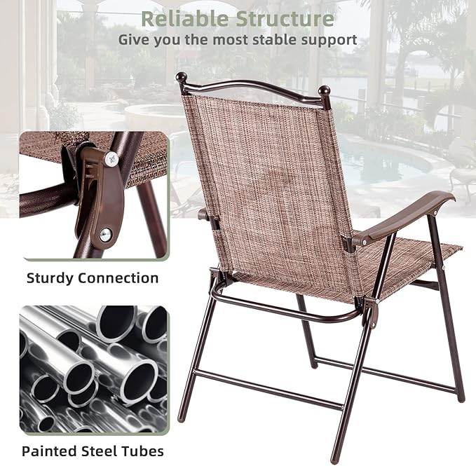 Tangkula Set of 2 Patio Folding Dining Chairs, Outdoor Sling Lawn Chairs with Armrests, Steel Frame, Portable Camping Lounge Chairs for Backyard, Deck, Poolside and Garden, No Assembly (1, Brown)
