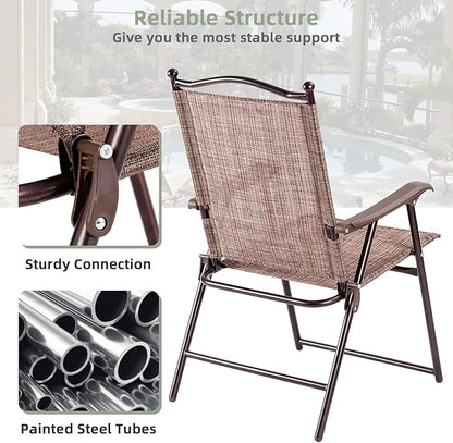 Tangkula Set of 2 Patio Folding Dining Chairs, Outdoor Sling Lawn Chairs with Armrests, Steel Frame, Portable Camping Lounge Chairs for Backyard, Deck, Poolside and Garden, No Assembly (1, Brown)