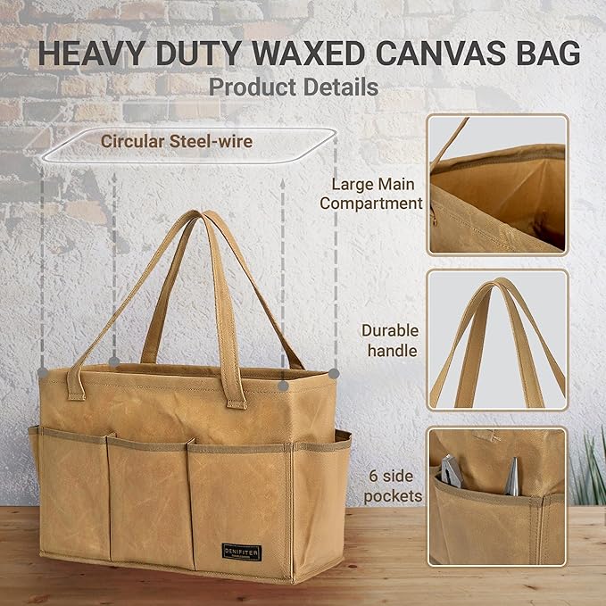 Denifiter Heavy-Duty 16-oz Waxed Canvas Tool Bag with Metal Frame - Collapsible Organizer Tote Bag(Khaki | 15.5"x7.5"x10.5")