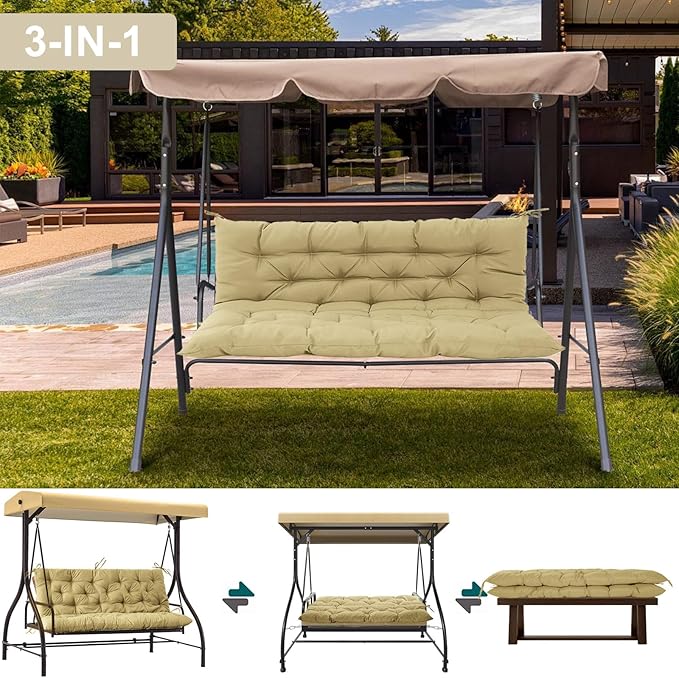 Outdoor Swing Cushions 3 Seater Waterproof, Replacement Bench Cushions for Outdoor Patio Furniture with Backrest, Porch Swing Cushion with Ties for Lawn and Garden (Beige, 40x71in)